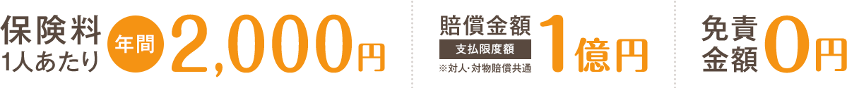 保険料1人あたり年間2,000円 賠償金額1億円 免責金額0円