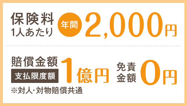 保険料1人あたり年間2,000円 賠償金額1億円 免責金額0円