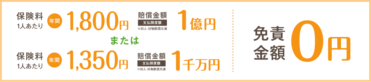 保険料1人あたり年間2,000円 賠償金額1億円 免責金額0円